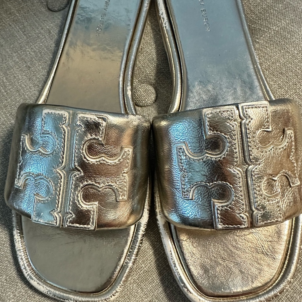 Tory Burch Double T Sport Slide in spark gold, size 8.5